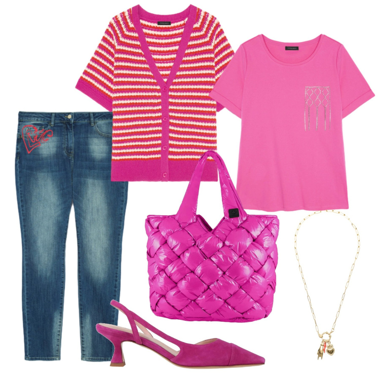 Outfit donna - Total look #2389187. Stile Casual chic per Scuola/Università. Abbinamento con décolleté, jeans skinny, cardigans, t-shirt, ciondoli, borse tote.