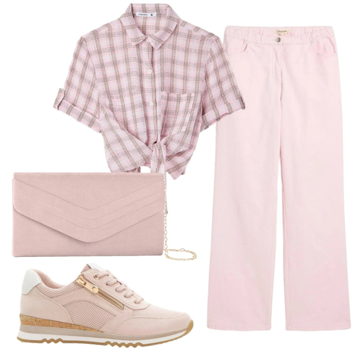 Outfit donna - Total look #2389188. Stile Casual per Tutti i giorni. Abbinamento con pantaloni a palazzo, pochette, sneakers, camicie a manica corta.