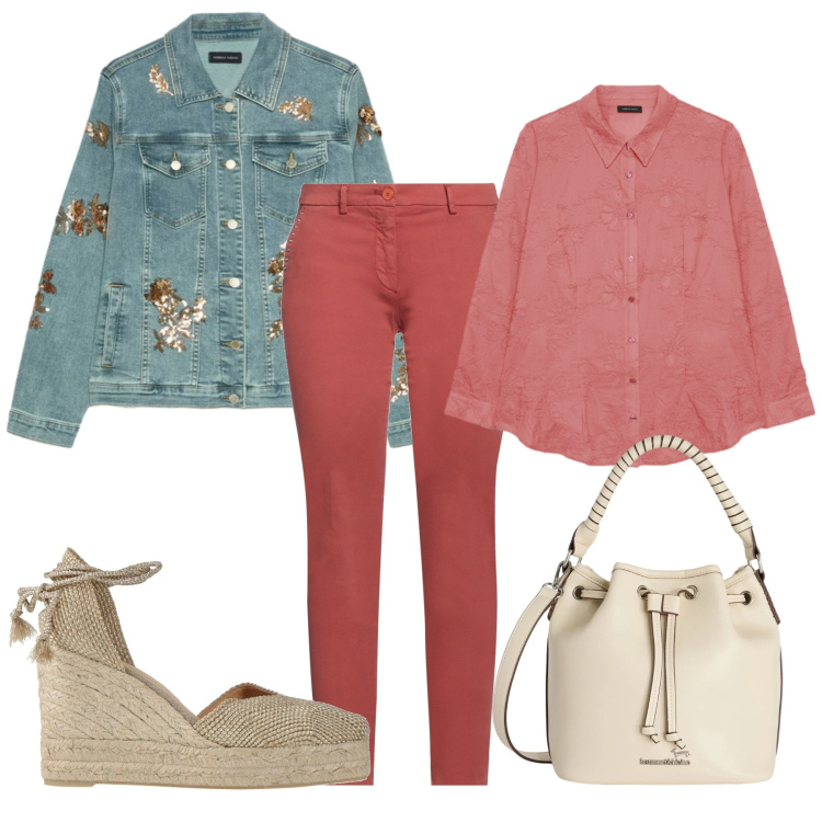 Outfit donna - Outfit di primavera. Stile Casual per Scuola/Università. Abbinamento con pantaloni, espadrillas, blazer, camicie, borse a secchiello.