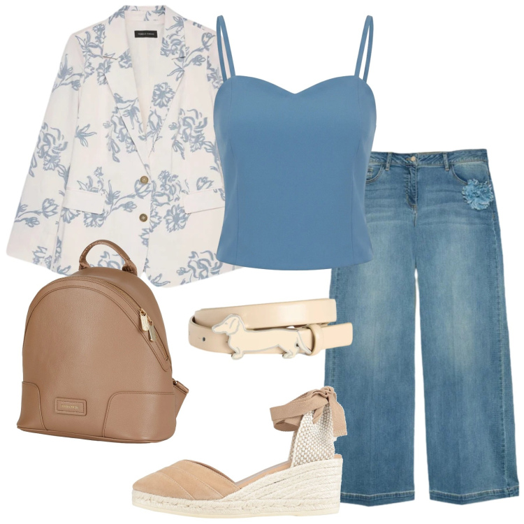 Outfit donna - Gita fuori porta. Stile Trendy per Scuola/Università. Abbinamento con zaini, espadrillas, canottiere, jeans, blazer, cinture.
