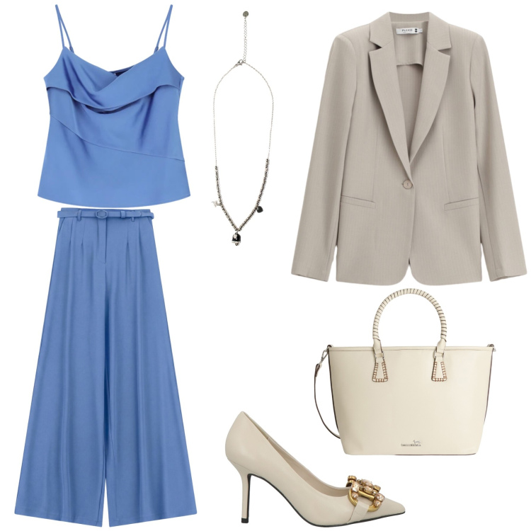 Outfit donna - Ad un matrimonio. Stile Bon Ton per Cerimonia. Abbinamento con décolleté, blazer, shopping bag, canottiere, pantaloni a palazzo, ciondoli.