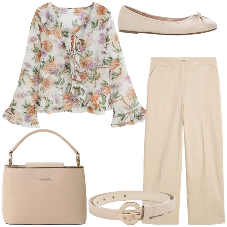 Outfit donna - Primavera romantica. Stile Romantica per Tutti i giorni. Abbinamento con bluse, pantaloni chino, ballerine, cinture, borse a secchiello.