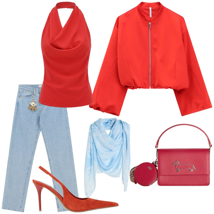 Outfit donna - Il rosso della passione. Stile Glamour per Tutti i giorni. Abbinamento con sciarpe, décolleté, bomber, canottiere, jeans dritti, borse a tracolla.