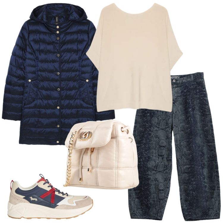 Outfit donna - Il piumino per la mezza stagione. Stile Casual per Tutti i giorni. Abbinamento con valigie, t-shirt, piumini, jeans, sneakers.