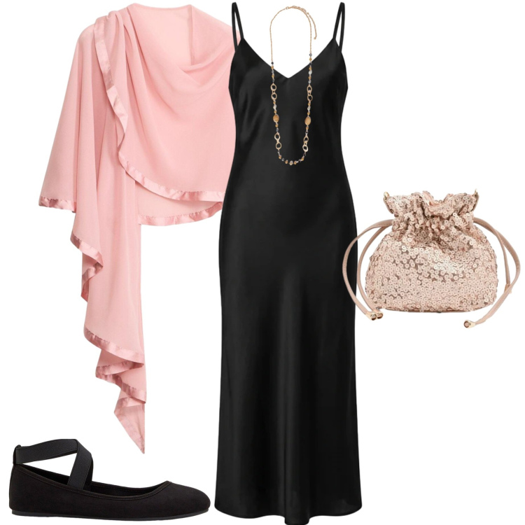 Outfit donna - Serata al mare. Stile Chic per Serata fuori. Abbinamento con stole, ballerine, vestiti lunghi, collane, pochette.