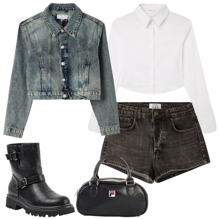Outfit donna - Urban Rebel Denim. Stile Urban per Tutti i giorni. Abbinamento con borse a tracolla, gonne, cappotti, shorts, camicie, stivaletti.