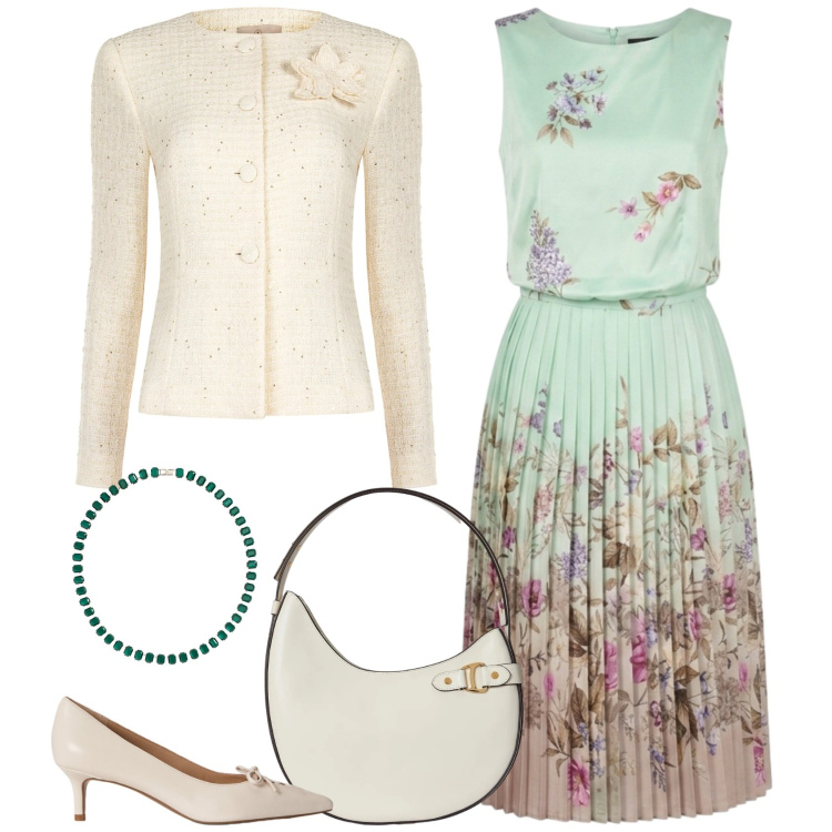 Outfit donna - La primavera addosso. Stile Chic per Cerimonia. Abbinamento con blazer, vestiti midi/longuette, borse a spalla, collane, décolleté.