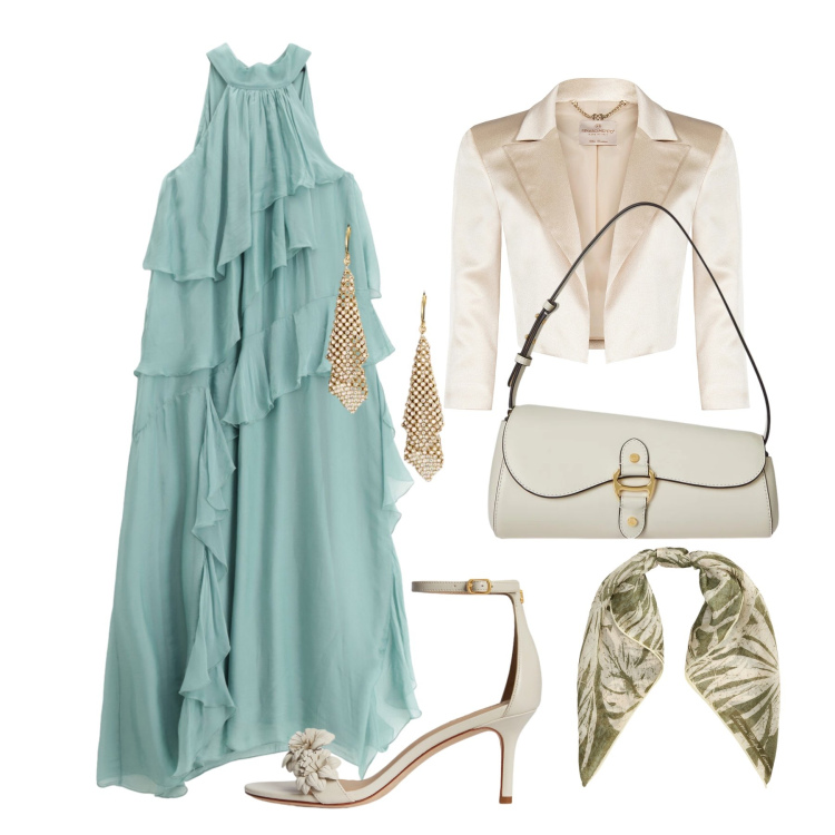 Outfit donna - Aprile. Stile Chic per Cerimonia. Abbinamento con bolero, vestiti lunghi, borse a spalla, orecchini, sandali in pelle, foulard.