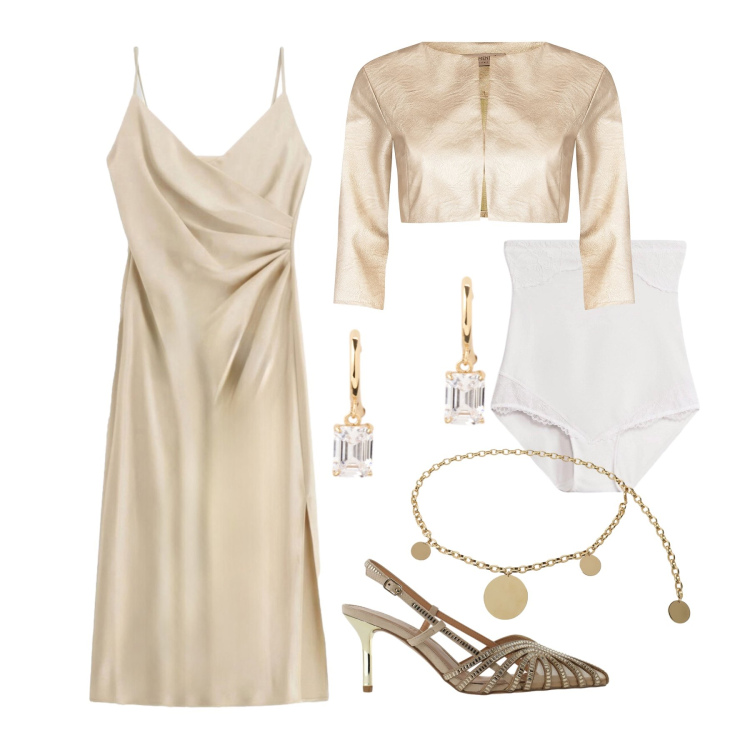 Outfit donna - Aprile. Stile Chic per Cerimonia. Abbinamento con culotte, vestiti midi/longuette, bolero, décolleté, cinture, orecchini.