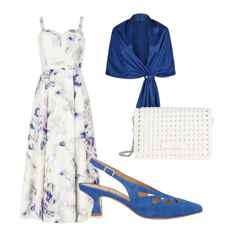 Outfit donna - Colori del cielo. Stile Chic per Cerimonia. Abbinamento con décolleté, vestiti midi/longuette, stole, borse a tracolla.