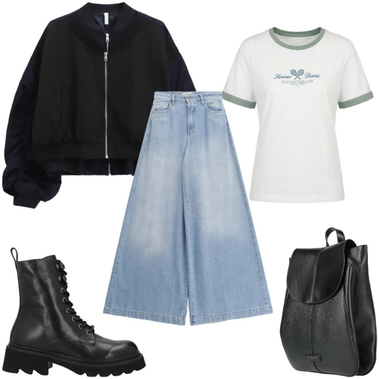 Outfit donna - Total look #2389214. Stile Casual per Tutti i giorni. Abbinamento con zaini, stivaletti, jeans, t-shirt, bomber.