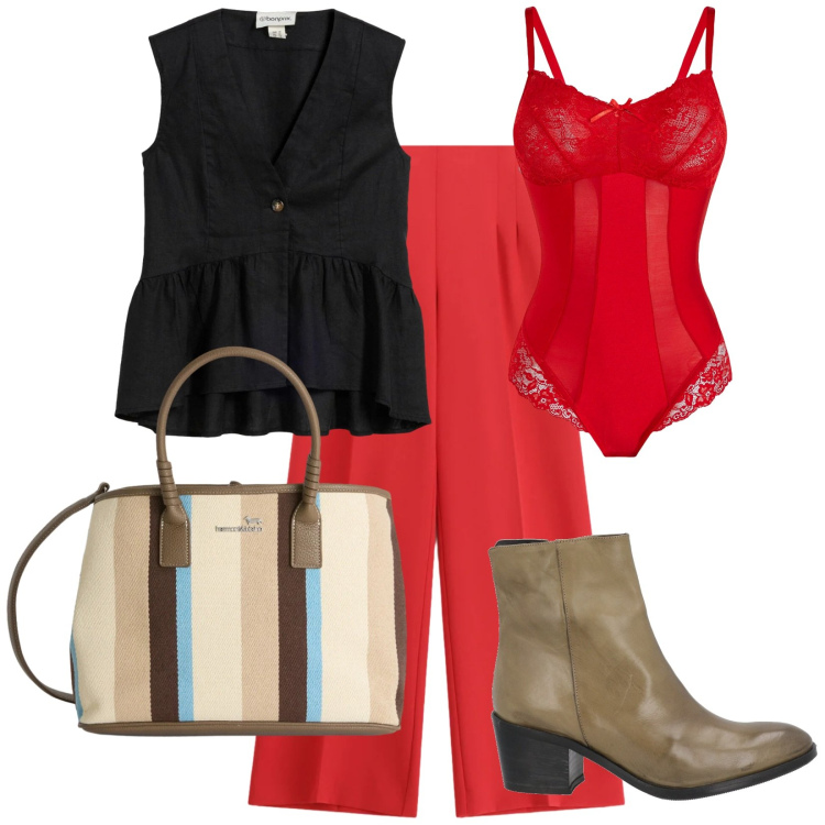 Outfit donna - Total look #2389215. Stile Casual chic per Scuola/Università. Abbinamento con stivaletti, body, gilet, pantaloni a palazzo, shopping bag.