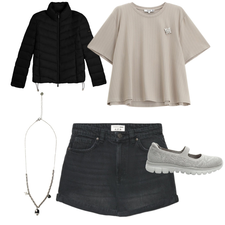 Outfit donna - Casual chic neutro con un tocco di luce. Stile Casual chic per Tutti i giorni. Abbinamento con ballerine, shorts, t-shirt, ciondoli, piumini.