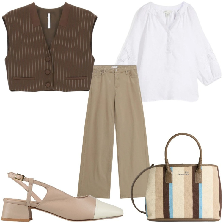Outfit donna - Total look #2389217. Stile Trendy per Tutti i giorni. Abbinamento con décolleté, tuniche, gilet, pantaloni, shopping bag.