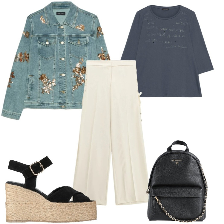 Outfit donna - Total look #2389221. Stile Trendy per Tutti i giorni. Abbinamento con espadrillas, zaini, blazer, t-shirt, pantaloni.