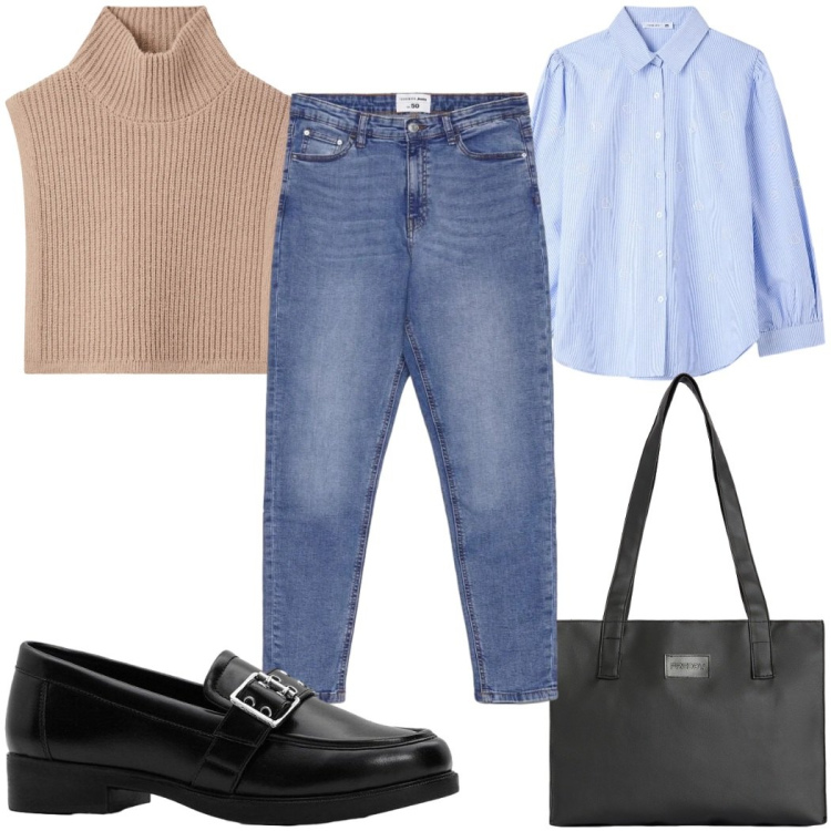 Outfit donna - Total look #2389222. Stile Casual per Tutti i giorni. Abbinamento con mocassini, cappotti, jeans skinny, camicie, shopping bag.