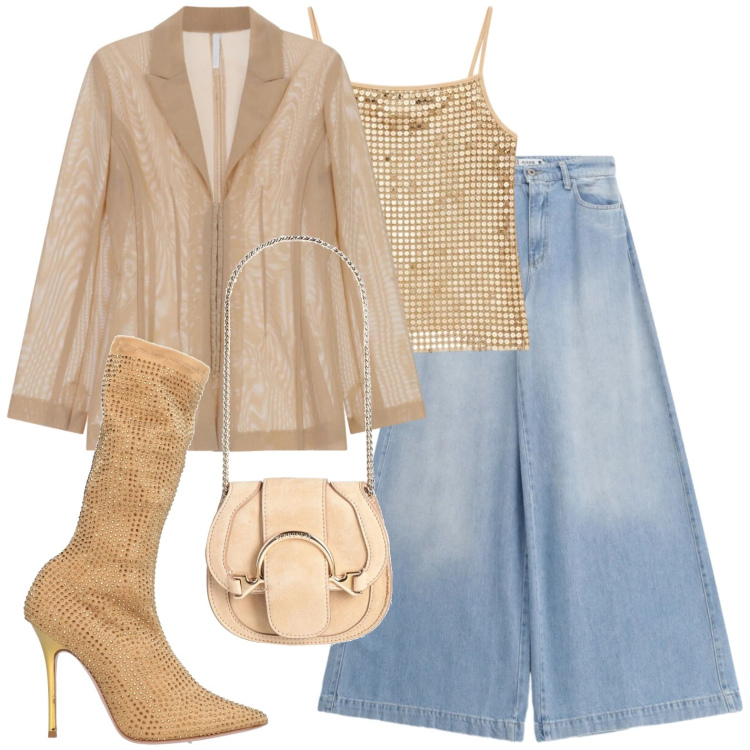 Outfit donna - Denim & oro. Stile Glamour per Serata fuori. Abbinamento con marsupi, stivali, jeans, blazer, canottiere.