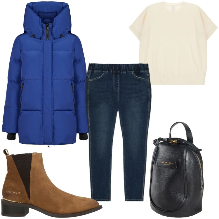 Outfit donna - Total look #2389225. Stile Trendy per Tutti i giorni. Abbinamento con zaini, stivaletti texani, jeggings, t-shirt, piumini.