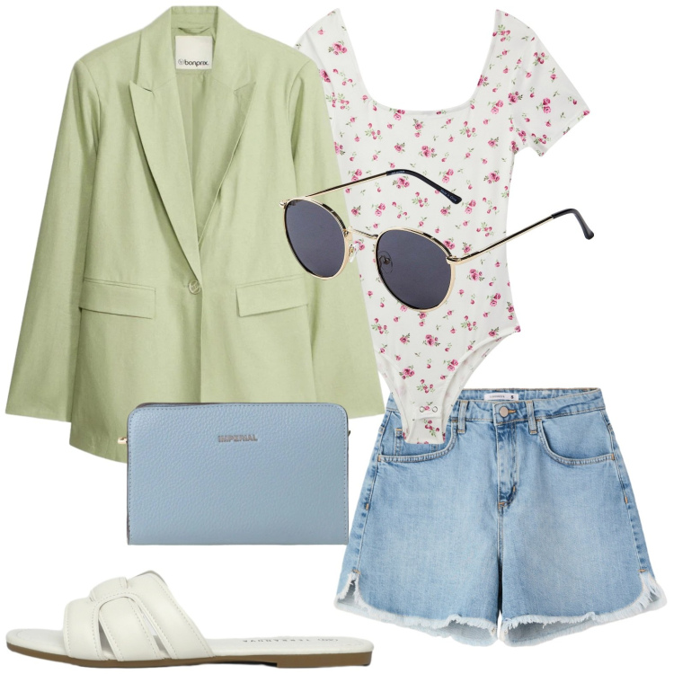 Outfit donna - Domenica mattina, caffè e giornale. Stile Glamour per Tutti i giorni. Abbinamento con occhiali da sole, blazer, body, shorts, ciabatte, borse a tracolla.
