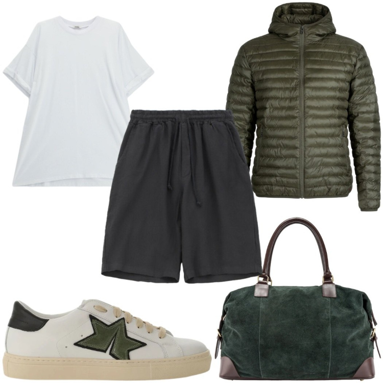 Outfit uomo - Total look #2389230. Stile Casual per Sport. Abbinamento con bermuda, t-shirt, sneakers, piumini, borse sportive.