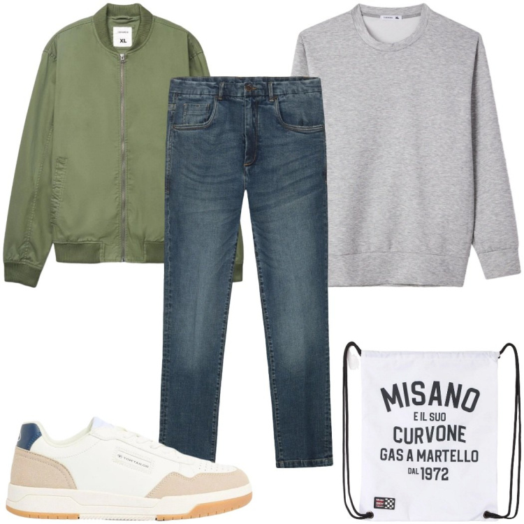 Outfit uomo - Total look #2389231. Stile Casual per Tutti i giorni. Abbinamento con sneakers, borse sportive, bomber, felpe, jeans.