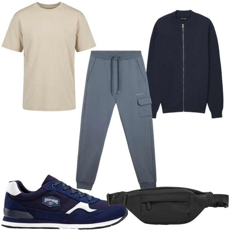 Outfit uomo - Total look #2389237. Stile Trendy per Sport. Abbinamento con sneakers, cardigans, borse sportive, t-shirt, pantaloni cargo.