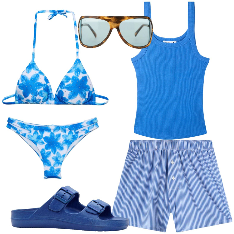 Outfit donna - Un tuffo in blu. Stile Casual per Mare. Abbinamento con ciabatte, canottiere, pantaloni corti, bikini, bikini, occhiali da sole.