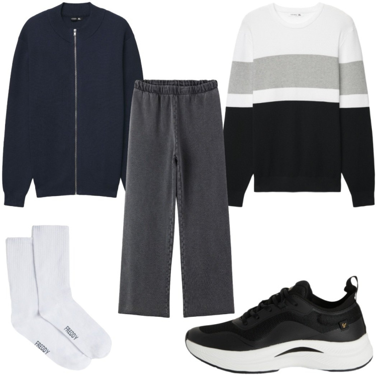 Outfit uomo - Total look #2389242. Stile Trendy per Sport. Abbinamento con cardigans, maglieria, pantaloni, sneakers, calzini.