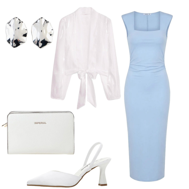 Outfit donna - Tubino azzurro. Stile Bon Ton per Cerimonia. Abbinamento con décolleté, bolero, orecchini, vestiti midi/longuette, borse a tracolla.