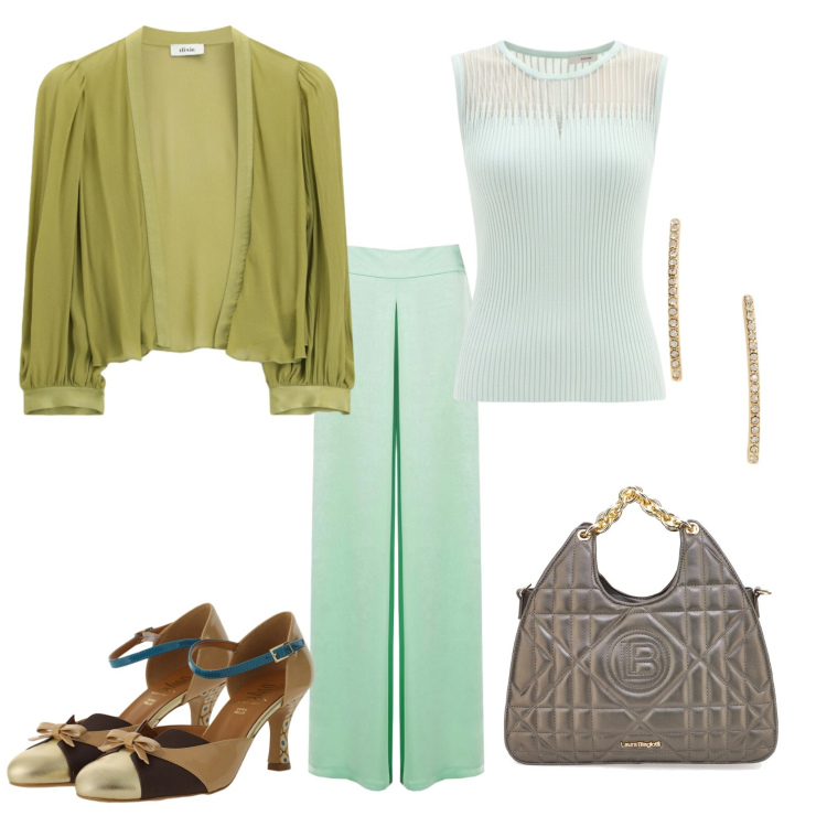 Outfit donna - Total look #2389248. Stile Casual chic per Cerimonia. Abbinamento con top, pantaloni a palazzo, décolleté, blazer, orecchini, borse a mano.