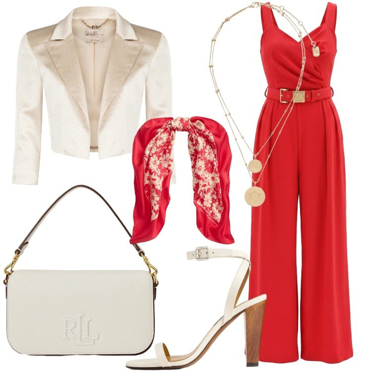 Outfit donna - Occasion Ready Chic. Stile Chic per Cerimonia. Abbinamento con bolero, tute, ciondoli, borse a spalla, foulard, sandali in pelle.