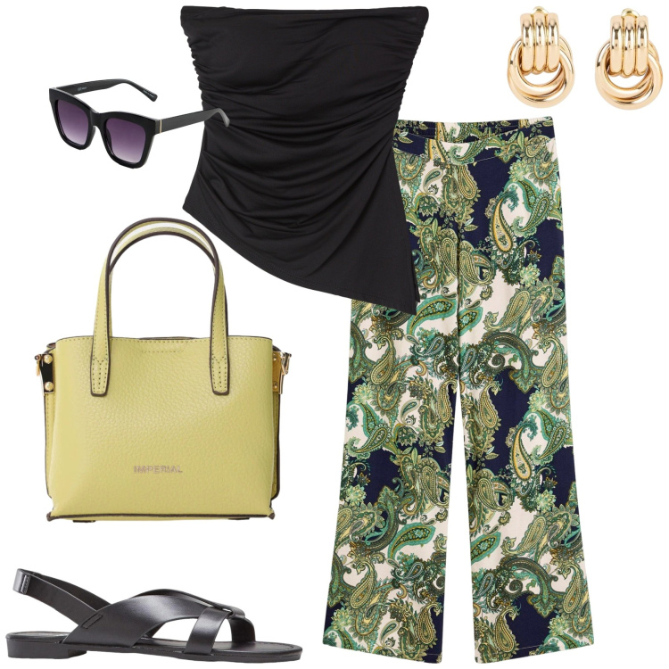 Outfit donna - City. Stile Casual chic per Tutti i giorni. Abbinamento con orecchini, sandali, pantaloni, occhiali da sole, top, borse a tracolla.