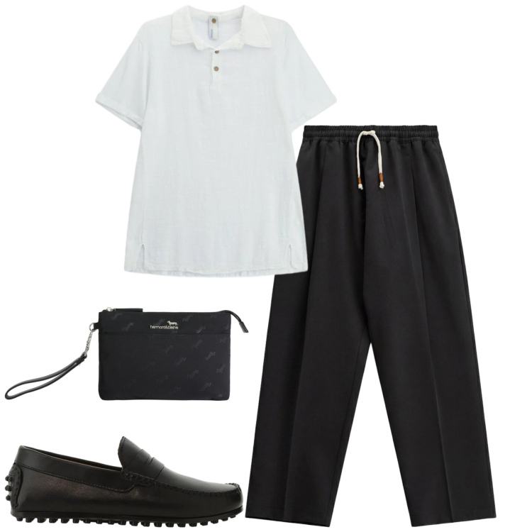 Outfit uomo - City. Stile Trendy per Tutti i giorni. Abbinamento con scarpe stringate, polo, pantaloni, borse sportive.