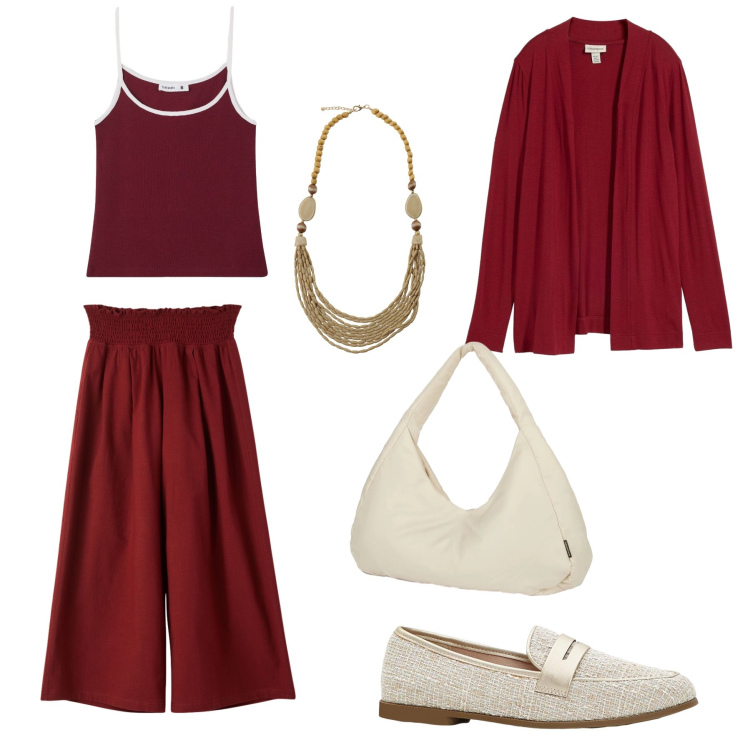 Outfit donna - Il panna col bordeaux. Stile Trendy per Ufficio. Abbinamento con cardigans, mocassini, pantaloni culotte, canottiere, collane, borse a spalla.