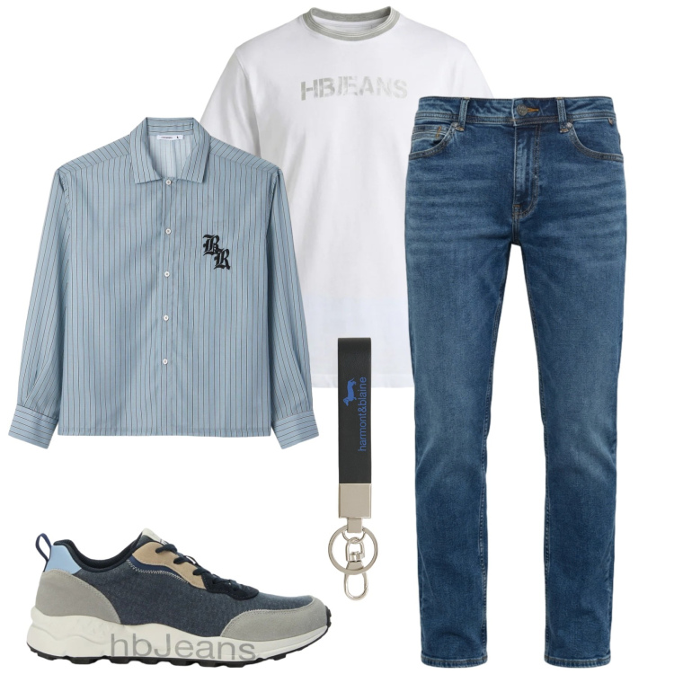 Outfit uomo - City. Stile Casual per Tutti i giorni. Abbinamento con camicie, portachiavi, jeans, t-shirt, sneakers.