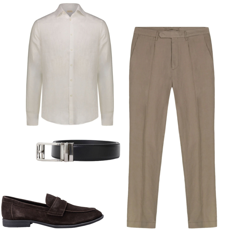 Outfit uomo - Lino eleganza disinvolta. Stile Urban per Tutti i giorni. Abbinamento con cinture, camicie, pantaloni, scarpe stringate.