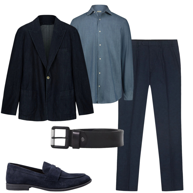 Outfit uomo - Contemporary blue. Stile Business/Elegante per Tutti i giorni. Abbinamento con cinture, camicie, giacche, pantaloni, scarpe stringate.