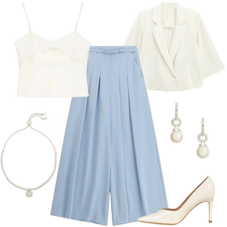 Outfit donna - La stagione delle cerimonie. Stile Chic per Cerimonia. Abbinamento con canottiere, blazer, pantaloni a palazzo, décolleté, braccialetti, orecchini.