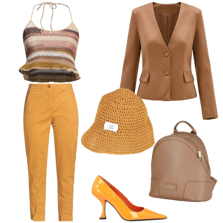 Outfit donna - Giornata di sole. Stile Casual chic per Tutti i giorni. Abbinamento con top, zaini, jeans slim fit, cappelli con visiera, décolleté, blazer.