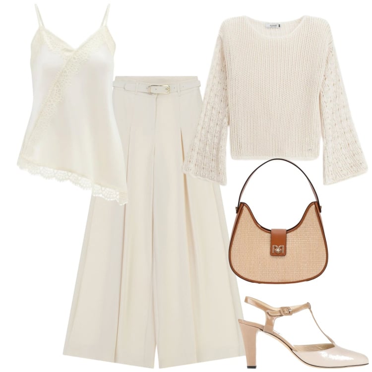 Outfit donna - White. Stile Trendy per Tutti i giorni. Abbinamento con décolleté, maglieria, pantaloni a palazzo, borse a spalla, canottiere.