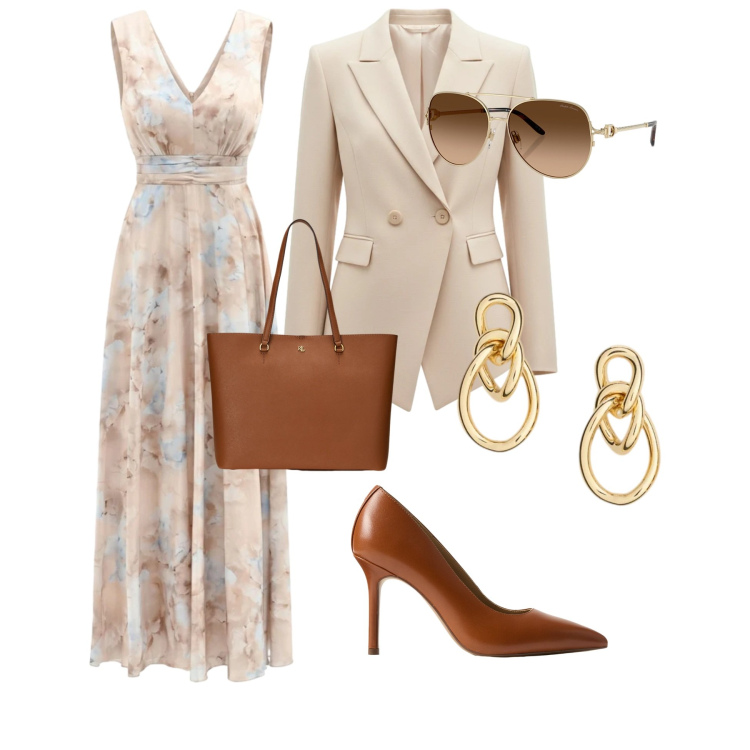 Outfit donna - Total look #2389292. Stile Chic per Cerimonia. Abbinamento con vestiti lunghi, blazer, occhiali da sole, orecchini, borse tote, décolleté.
