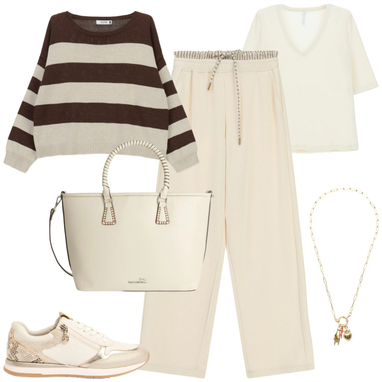 Outfit donna - City. Stile Casual per Tutti i giorni. Abbinamento con sneakers, shopping bag, maglieria, pantaloni, t-shirt, ciondoli.