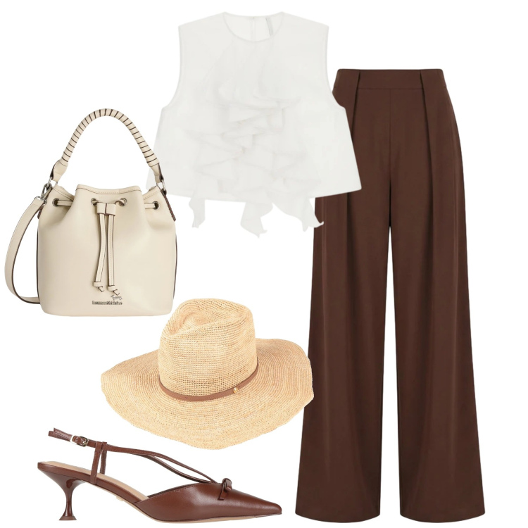 Outfit donna - Weekend. Stile Chic per Tutti i giorni. Abbinamento con décolleté, cappelli, top, pantaloni a palazzo, borse a secchiello.
