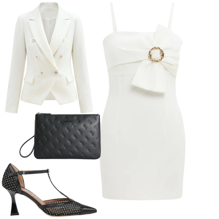 Outfit donna - Party. Stile Chic per Serata fuori. Abbinamento con décolleté, vestiti corti, blazer, anelli.