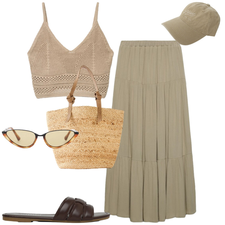 Outfit donna - Weekend. Stile Casual chic per Tutti i giorni. Abbinamento con shopping bag, gonne lunghe, top, ciabatte, cappelli, occhiali da sole.