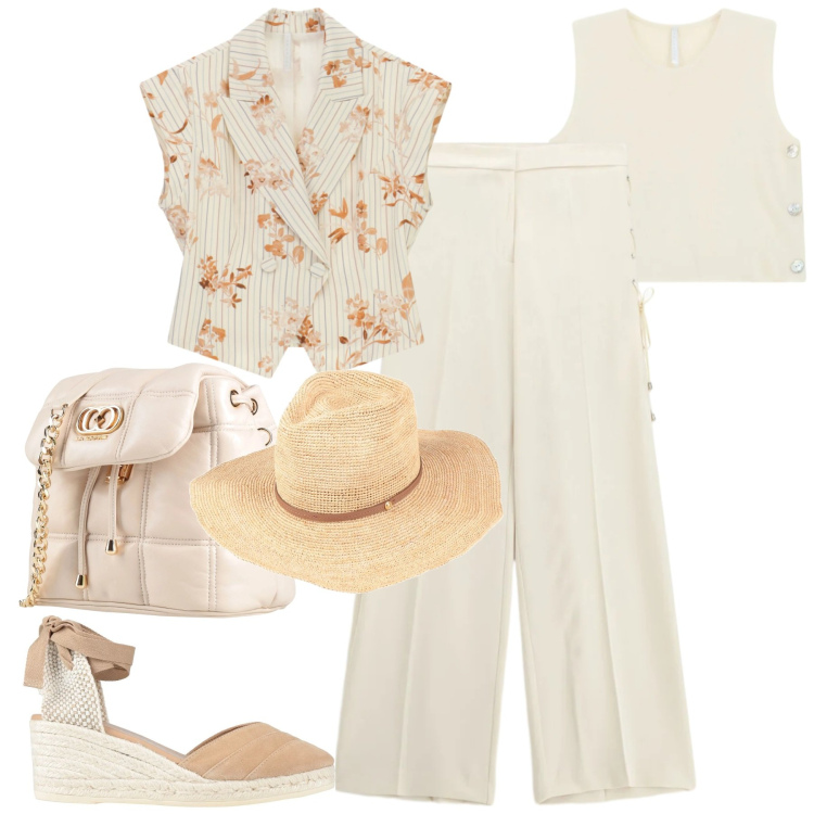 Outfit donna - Weekend. Stile Trendy per Tutti i giorni. Abbinamento con valigie, espadrillas, cappelli, top, pantaloni, gilet.