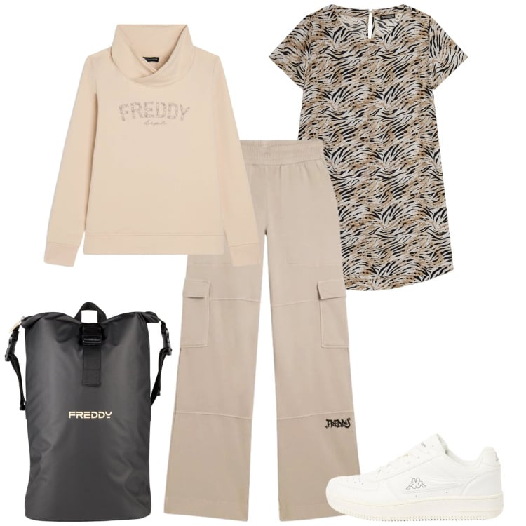 Outfit donna - Total look #2389303. Stile Sporty chic per Sport. Abbinamento con sneakers, pantaloni cargo, vestiti midi/longuette, felpe con cappuccio, borse sportive.