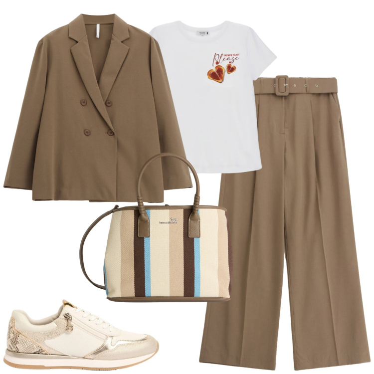 Outfit donna - City. Stile Trendy per Tutti i giorni. Abbinamento con sneakers, blazer, t-shirt, pantaloni a palazzo, shopping bag.