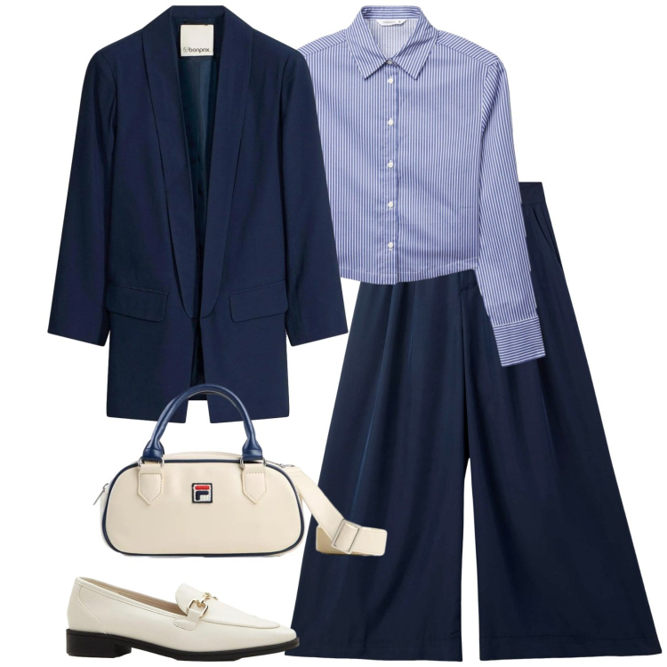 Outfit donna - Total look #2389306. Stile Casual chic per Ufficio. Abbinamento con blazer, mocassini, borse a tracolla, pantaloni, camicie.