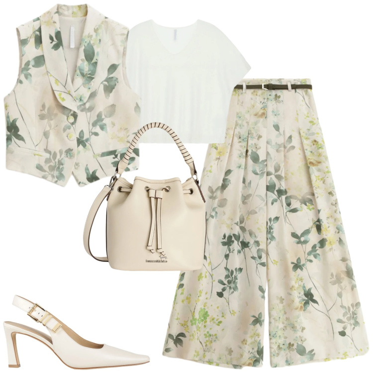 Outfit donna - Imperial. Stile Trendy per Tutti i giorni. Abbinamento con décolleté, top, gilet, pantaloni a palazzo, borse a secchiello.